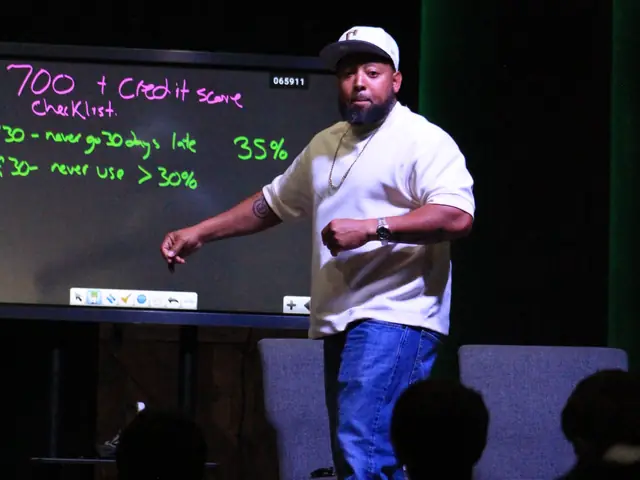 A speaker teaching a credit score checklist at the whiteboard